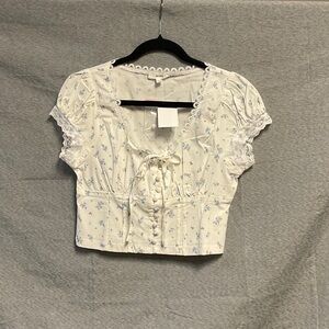 Mine White and Blue Floral Lace-Up Blouse